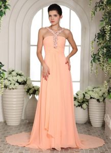 Brush Train Prom Gown Beaded V-neck Chiffon in Sao Jose Dos Pinhais