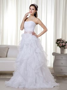 White A-line Organza Prom Court Dresses with Beading and Ruffles