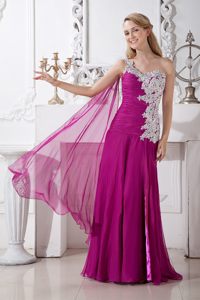 Appliqued and Ruched One Shoulder Prom Cocktail Dress in Fuchsia