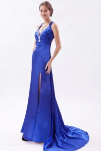 Appliques Blue High Slit Criss Cross Watteau Train Prom Dresses