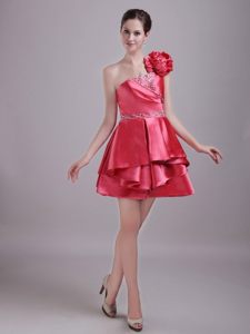 Coral Red One Shoulder Prom Bridesmaid Dress with Flowers Beading