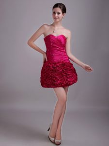 Beading and Rolling Flowers Accent Prom Bridesmaid Dress in Hot Pink