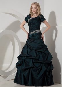 Beading and Pick ups Accent Dark Green Prom Party Dress with Sleeves