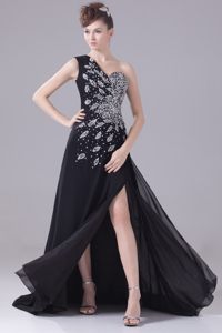 Beading One Shoulder High Slit Brush Train Black Prom Party Dress