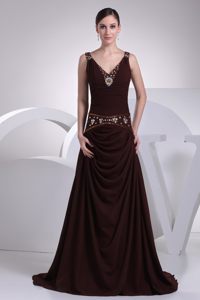 Burgundy V-neck A-line Prom formal Dress with Beading and Ruches