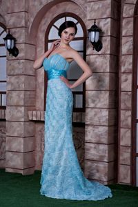 Rolling Flowers and Ruches Accent Prom formal Dress in Baby Blue
