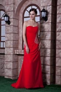 Red One Shoulder Brush Train Prom formal Dress with Beading 2014