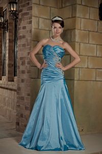 Teal A-line Taffeta Prom Pageant Dress with Beading and Ruches