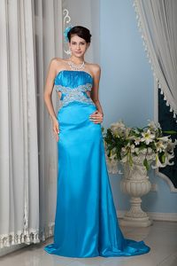 Teal Column Ruches Appliques Brush Train Prom Homecoming Dress