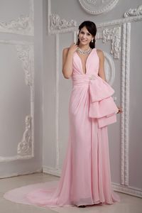 Baby Pink V-neck Prom Homecoming Dress with Bowknot and Ruches