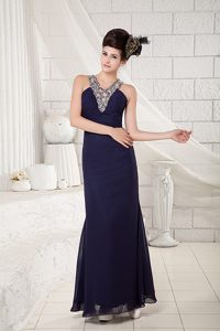 Beading V-neck Ankle Length Prom Celebrity Dresses in Navy Blue