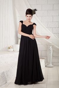 Ruched Black V-neck Prom Celebrity Dress with Beaded Cap Sleeves