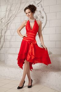 Beautiful Halter Red Asymmetrical Bowknot Prom Graduation Dress