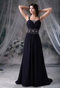 Navy Blue Straps Beading Chiffon Brush Prom Graduation Dresses