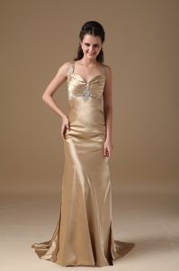 Beading and Ruches Accent Straps Prom Holiday Dress in Champagne