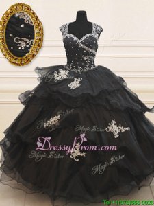 Best Selling Floor Length Ball Gowns Cap Sleeves Black Sweet 16 Quinceanera Dress Zipper