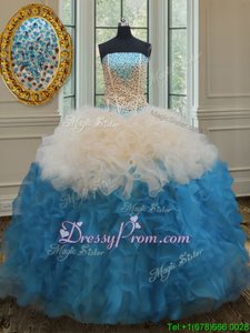 Delicate Baby Blue and Champagne Ball Gowns Strapless Sleeveless Organza Floor Length Lace Up Beading and Ruffles Quince Ball Gowns