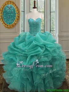 Perfect Turquoise Sweetheart Lace Up Beading and Ruffles and Pick Ups Quinceanera Gown Sleeveless