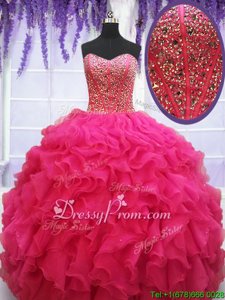 Fancy Floor Length Lace Up Sweet 16 Quinceanera Dress Hot Pink and In forMilitary Ball and Sweet 16 and Quinceanera withBeading and Ruffles