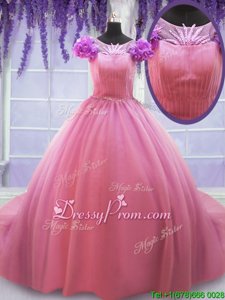 Cap Sleeves Tulle Court Train Lace Up Quinceanera Gowns inRose Pink forSpring and Summer and Fall and Winter withBeading and Hand Made Flower
