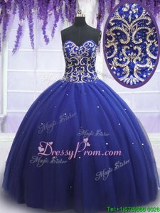 Beautiful Royal Blue Sleeveless Beading and Sequins Quince Ball Gowns