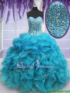 Trendy Sleeveless Floor Length Beading and Ruffles Lace Up Vestidos de Quinceanera with Teal