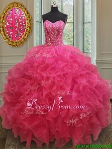 Low Price Hot Pink Organza Lace Up Sweetheart Sleeveless Floor Length Sweet 16 Dress Beading and Ruffles