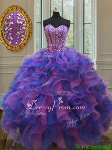 Eye-catching Blue and Purple Ball Gowns Organza Sweetheart Sleeveless Beading and Ruffles Floor Length Lace Up Sweet 16 Dresses