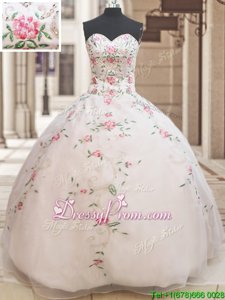 Sweet Beading and Embroidery Quinceanera Gowns White Lace Up Sleeveless Floor Length