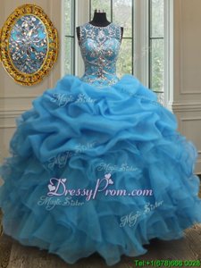 Elegant Baby Blue Organza Lace Up 15 Quinceanera Dress Sleeveless Floor Length Beading and Ruffles and Pick Ups