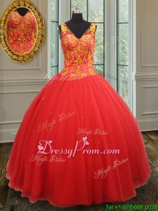 Graceful Rust Red V-neck Zipper Beading and Appliques Quinceanera Dress Sleeveless