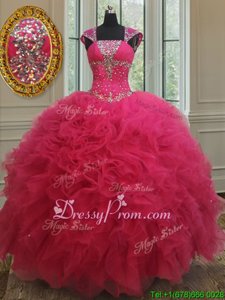 Suitable Cap Sleeves Floor Length Beading and Ruffles Lace Up Quince Ball Gowns with Coral Red
