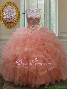 Fitting Peach Organza Lace Up Scoop Sleeveless Floor Length Quinceanera Dress Beading and Ruffles