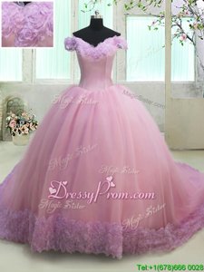 Popular Cap Sleeves Court Train Lace Up With Train Ruching Quinceanera Gowns