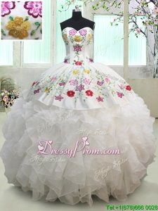 Cheap Sweetheart Sleeveless Quinceanera Gown Floor Length Embroidery and Ruffles White Organza and Taffeta