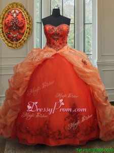 Edgy Beading and Embroidery and Pick Ups Quinceanera Dress Orange Lace Up Sleeveless With Brush Train