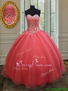 Suitable Watermelon Red Sleeveless Organza Lace Up Quince Ball Gowns forMilitary Ball and Sweet 16 and Quinceanera