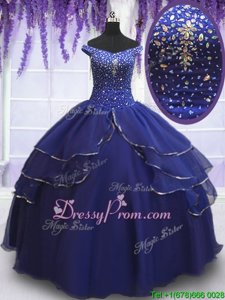 Glamorous Royal Blue Organza Lace Up Off The Shoulder Sleeveless Floor Length Quinceanera Dress Beading and Ruffled Layers and Sequins