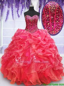 Comfortable Floor Length Coral Red Sweet 16 Dresses Sweetheart Sleeveless Lace Up