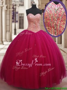 Edgy Floor Length Lace Up 15 Quinceanera Dress Fuchsia and In forMilitary Ball and Sweet 16 and Quinceanera withBeading