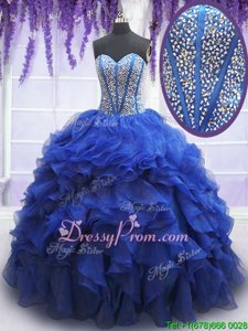 High Quality Beading and Ruffles 15th Birthday Dress Royal Blue Lace Up Sleeveless Floor Length