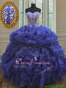 Exceptional Royal Blue Ball Gowns Sweetheart Sleeveless Organza Floor Length Lace Up Beading and Ruffles Vestidos de Quinceanera