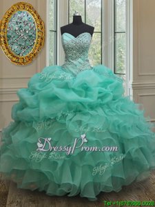 Artistic Apple Green Ball Gowns Beading and Ruffles and Pick Ups Quince Ball Gowns Lace Up Organza Sleeveless Floor Length