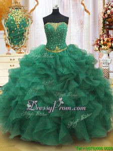Deluxe Strapless Sleeveless Lace Up Ball Gown Prom Dress Dark Green Organza