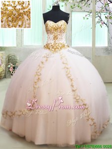 Charming Sleeveless Floor Length Beading and Appliques Lace Up Ball Gown Prom Dress with White