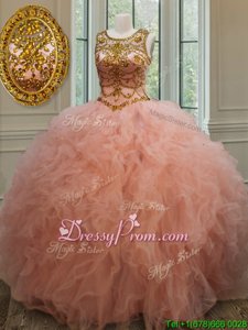 Graceful Floor Length Peach Quinceanera Gown Scoop Sleeveless Lace Up