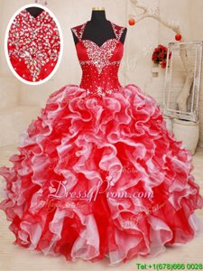 Dazzling Sleeveless Organza Floor Length Lace Up Sweet 16 Dress inWhite and Red forSpring and Summer and Fall and Winter withBeading and Ruffles