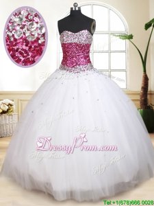 Beading Quinceanera Gowns White Lace Up Sleeveless Floor Length