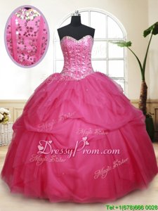 Exquisite Hot Pink Sweetheart Neckline Beading and Ruffles and Sequins 15th Birthday Dress Sleeveless Lace Up