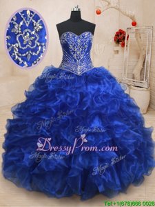 Royal Blue Lace Up Sweetheart Beading and Ruffles Vestidos de Quinceanera Organza Sleeveless Brush Train